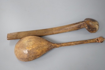 Two early treen spoons 20cm